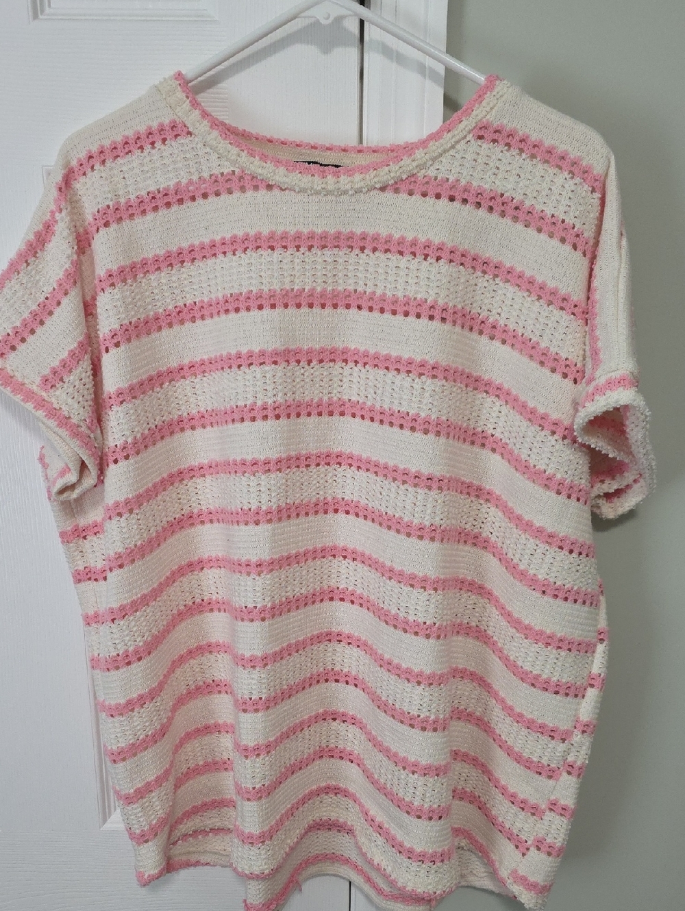 HEIMISH USA Cream & Pink Striped Crochet Scoop Neck Top